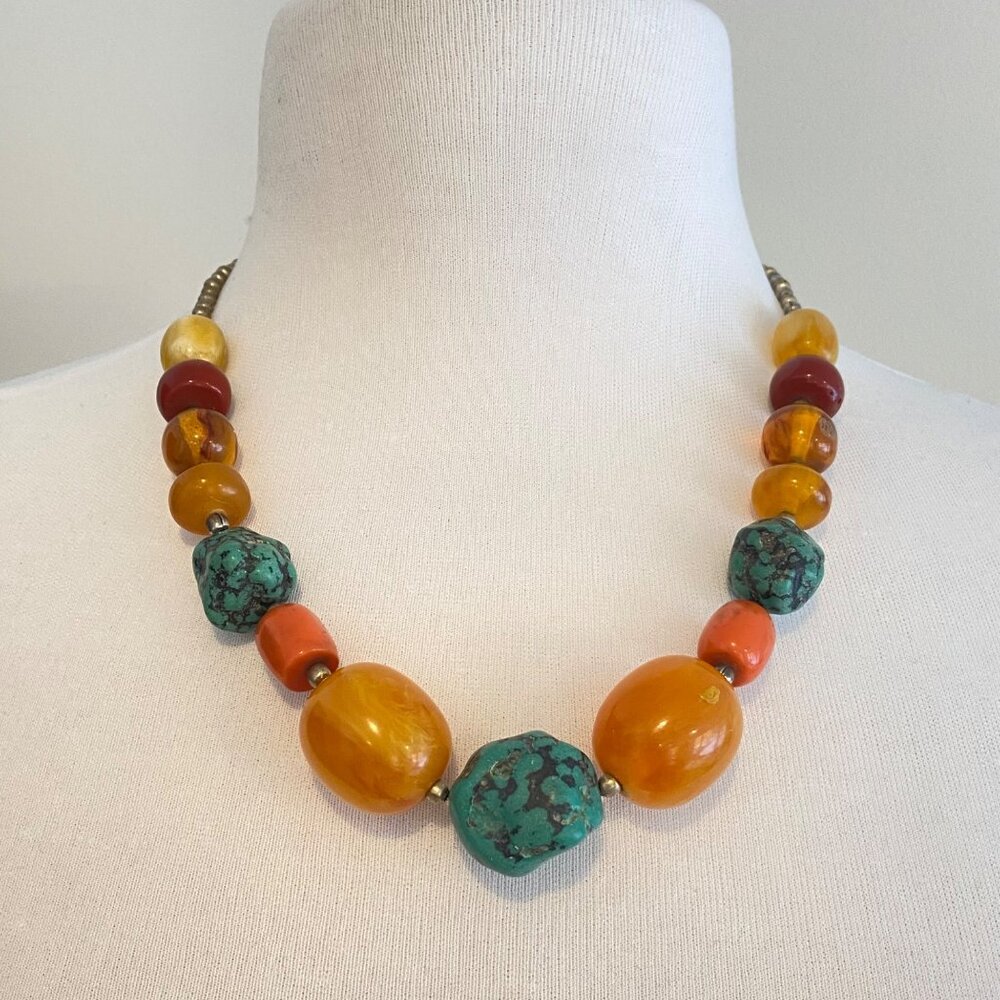 Y2K Maximalist Boho Chunky Beaded Necklace With Orange And Turquoise Statement B